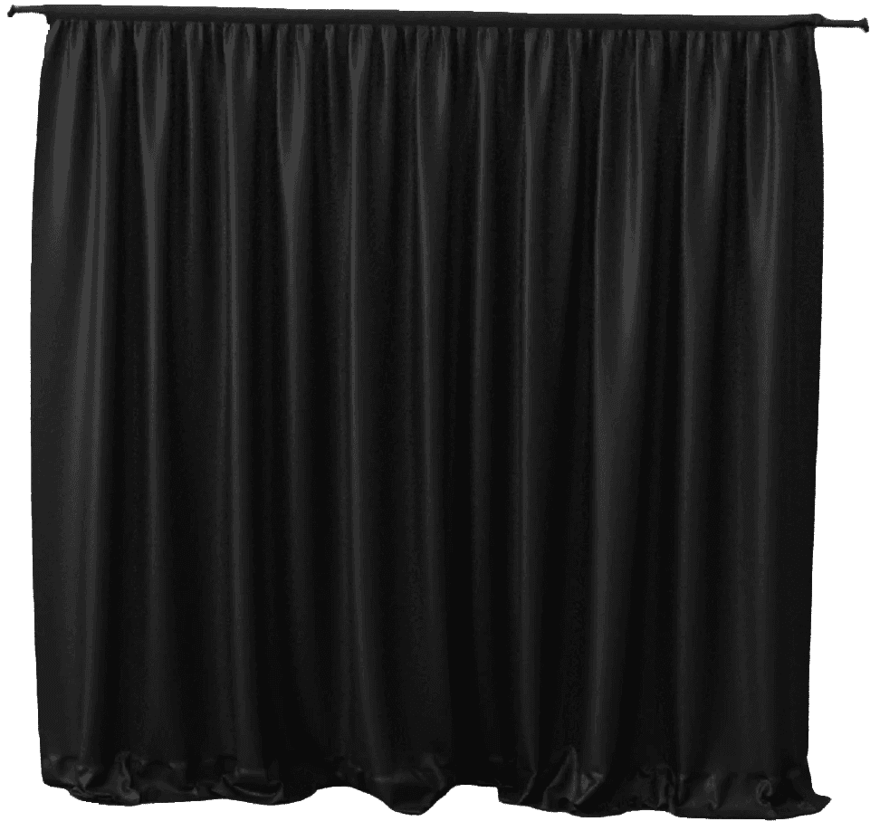 Svart drapering (pipes and drapes) som henger fra stang
